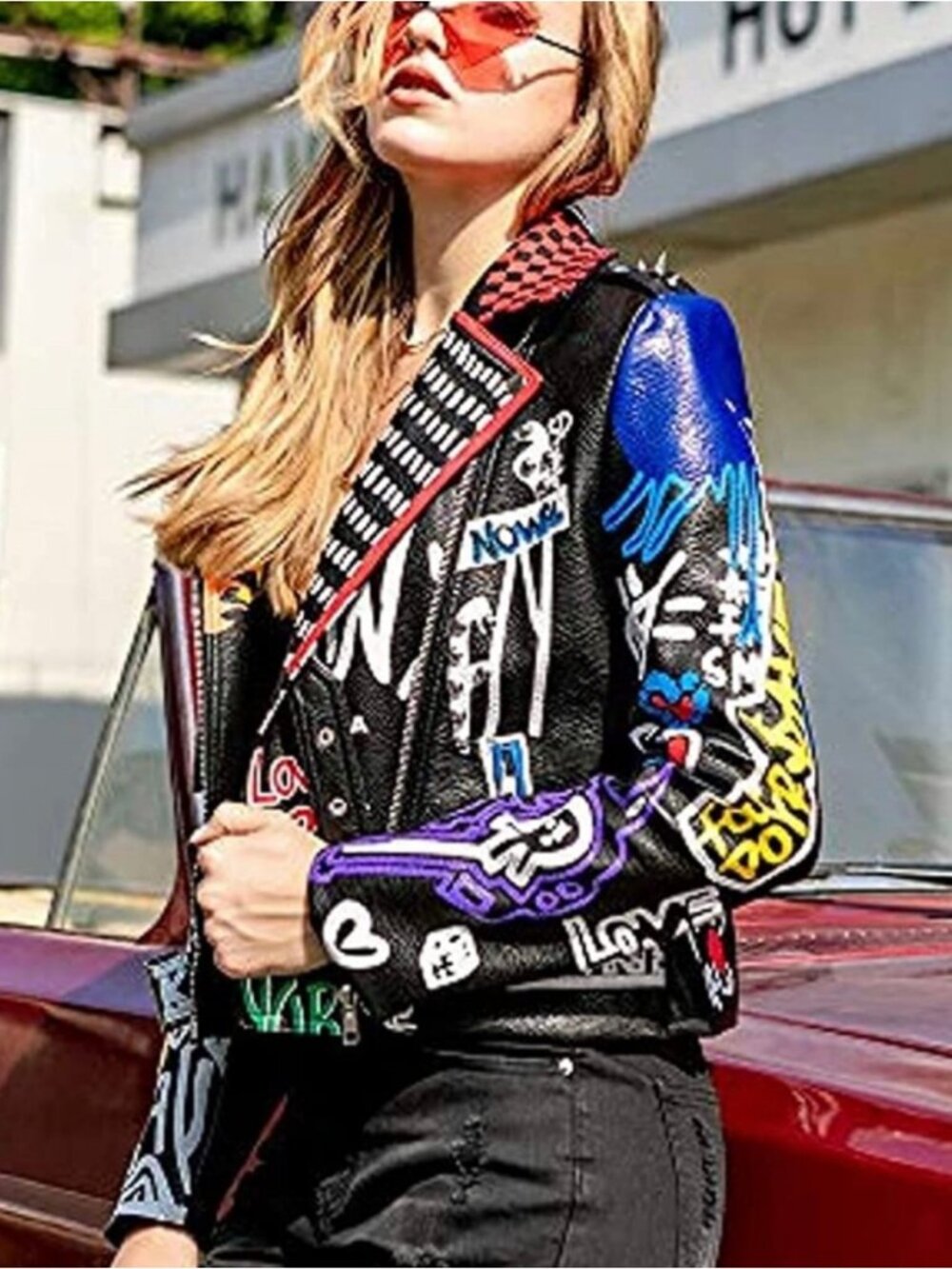 FOR HER NYC FAUX LEATHER GRAFFITTI JACKET SIZE MEDIUM